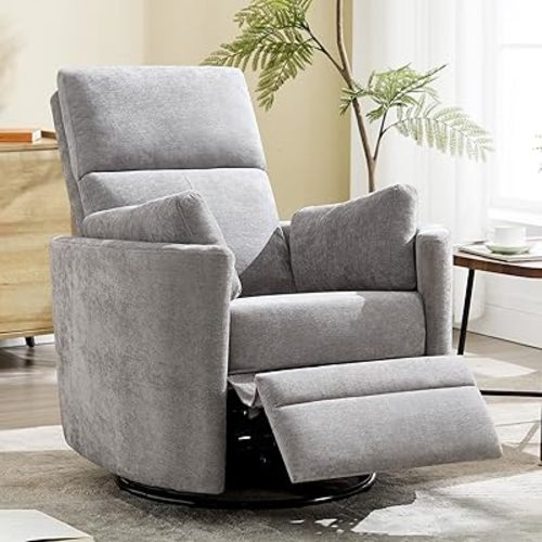 Recliner Swivel Rocking Glider Chair, Upholstered Nursery Adult Recliner Rocking Chair with 2 Pillows for Living Room Bedroom(LIGHTGREY, Manual Operation)
