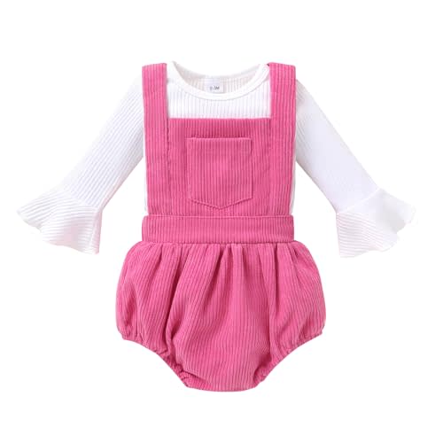 Tiny Cutey Newborn Baby Girl Clothes Bell Sleeve Romper and Corduroy Overalls Shorts Infant Girl Fall Outfits