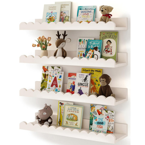 Ophelia & Co. Set Of 4 White Scalloped Nursery Floating Shelves For Kids, Wall Mounted Wooden Book Shelves | Wayfair