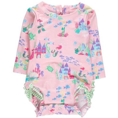 RuffleButts Baby Girls Mermaid Long Sleeve UPF50+ One Piece Rash Guard - Atlantis Mermaids, 0-3m