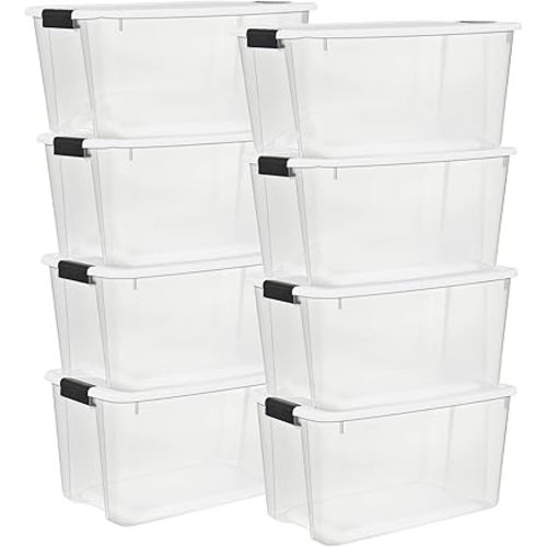 Sterilite 8-Pack 70 Quart Ultra Latch Box, Clear Storage Organizer Bins with Latching Lids - Stackable Plastic Containers for Home Organization in Garage, Attic, Basement, and Closet