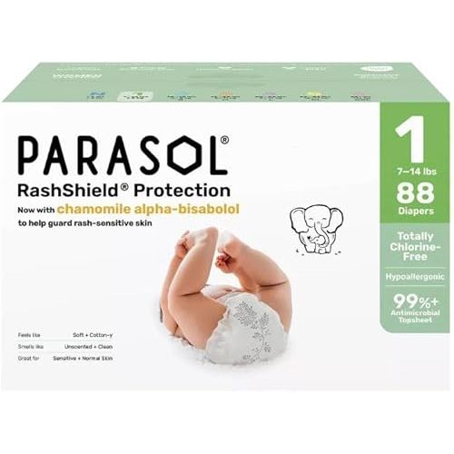 Parasol Chlorine-Free Premium Diapers with RashShield Protection, Size 1, 88 Count, 2 Pack of 44 Diapers