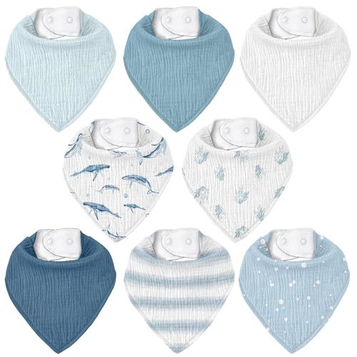 Muslin Baby Bibs 8 Pack, Baby Bandana Drool Bib for Drooling and Teething, Cotton Soft Absorbent for Girls Boys (Blue Ocean Whale)