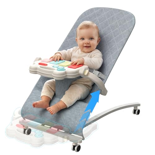 Portable Baby Bouncer Seat 0-18 Months,Detachable Piano & Hanging Toys,3-Level Recline (Rock/Fix),Foldable with Quiet Wheels,Baby Shower