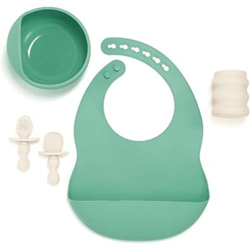 Infantino Baby Led Weaning Kit, 5-Piece Essentials Set - Includes Silicone Bib, Suction Bowl, Training Cup & Spoons, BPA-Free & Top-Rack Dishwasher Safe, Cream & Spearmint