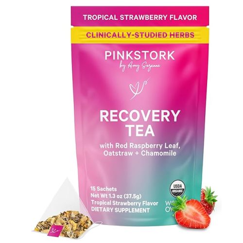 Pink Stork Postpartum Recovery Herbal Tea, Organic Red Raspberry Leaf with Chamomile, Hormone Balance for Women After Labor & Delivery, Strawberry, Postpartum Essentials, Caffeine-Free, 15 Sachets