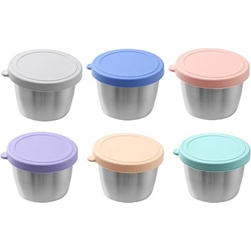 PandaEar 6 Pack 2.4 oz Stainless Steel Condiment Containers with Leakproof Silicone Lids, Reusable Small Sauce Cups for Salad Dressing, Lunch Box, Travel & Meal Prep, Dishwasher & Freezer Safe