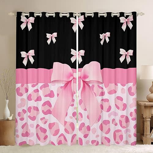 Feelyou Pink Leopard Curtains for Bedroom Living Room Cute Bow Blackout Shades Cute Bowknot Room Darkening Curtain Animal Print Window Treatments, 2 Panels 42 x 84 Inch Decor