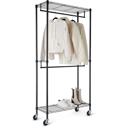 Amazon Basics Adjustable, Double Hanging Rod Garment Rolling Closet Organizer Rack with Wheels, Heavy Duty, Black, 36'' x 14'' x 72'', WI-GAR1436B