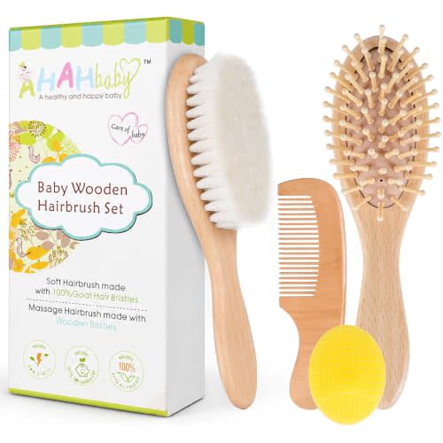 4 Piece Baby Hair Brush and Comb Set for Newborns, Wooden Baby Brush with Soft Natural Goat Bristle, Infant Hair Care Kit Helps Prevent Cradle Cap, Grooming Essentials Gift for Boys and Girls