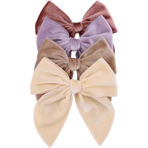 Pack of 4 Large Velvet Fable Bow Hair Clips for Kids Toddler Girl Mom Velvet Hair Bow Alligator Clips Baby Girls Women Hair Accessories (Cream/Mauve)