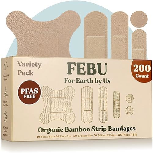 FEBU Eco-Friendly Organic Bamboo Fabric Bandages | PFAS Free Bandages for Scrapes & Cuts | Flexible Fabric Bandages | Latex Free Bandages | Compostable | 200 Count Bulk Variety Pack