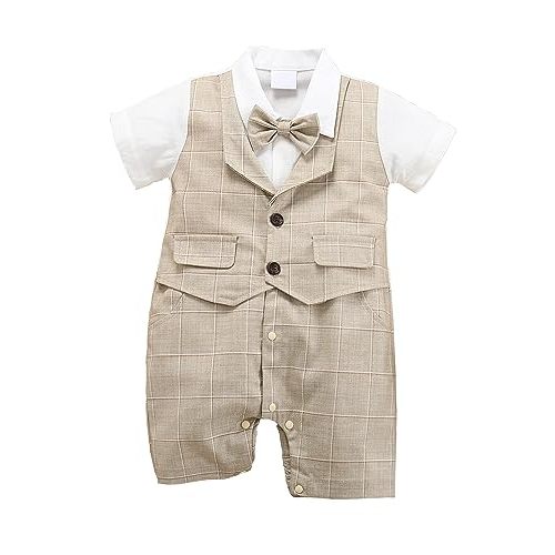 Baby Boy Gentleman White Shirt Waistcoat Bowtie Tuxedo Onesie Jumpsuit Overall Romper