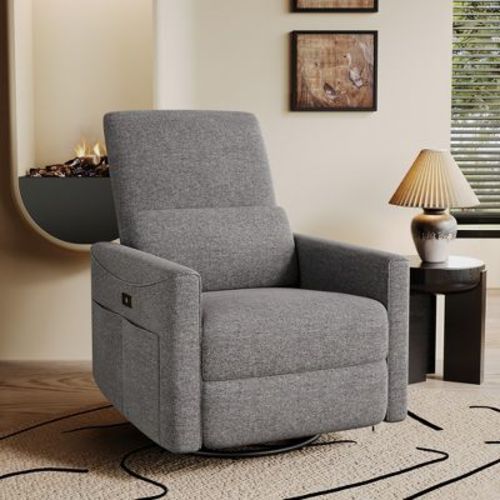 Dyonery Power Swivel Rocker Recliner, Fabric Glider Nursery Chair with Lumbar Support, USB & Type-C Ports, Small Reclining Sofa