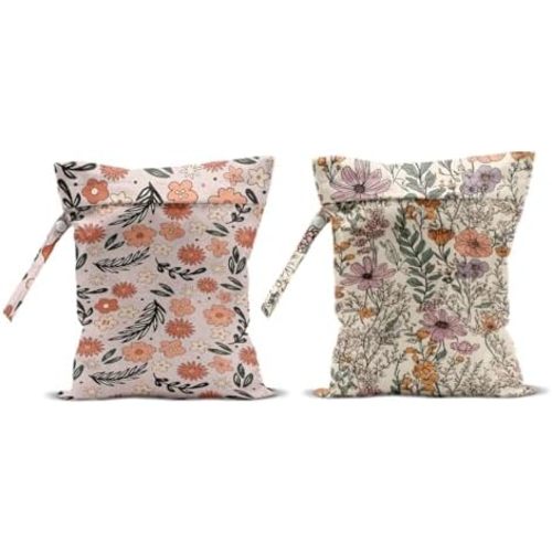 2Pcs Floral Print Wet Bags, Wet Dry Bag Reusable for Swimsuit, Travel, Diapers, Pool, Beach, Dirty Yoga Gym Clothes, Toiletries, Makeup Bag, Zipper Pouch Waterproof Birthday Christmas Gifts