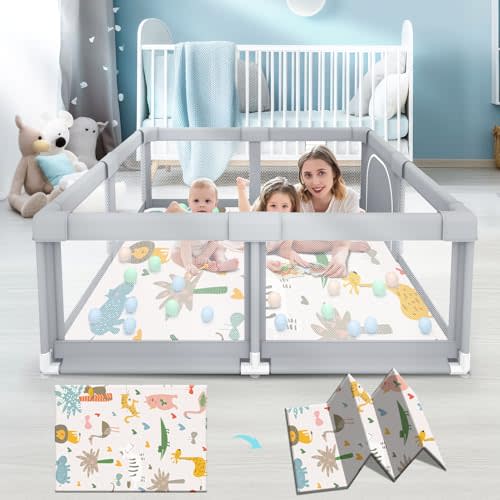 Fshibila Baby Playpen with Mat, Baby Playpens for Babies and Toddlers, BabyFence Play Pen for Indoor & Outdoor, Sturdy Safety Play Yard with Soft Breathable Mesh, 50 * 50 * 27 inches Grey