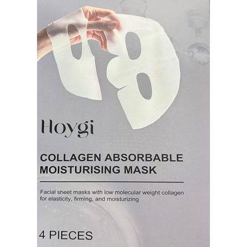 HOYGI Collagen Absorbable Moisturising Face Mask, Hydrating Sheet Mask with Low Molecular Weight Collagen for Firming and Elasticity, 4 Pack