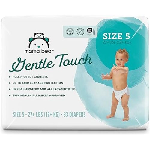 Amazon Brand - Mama Bear Gentle Touch Diapers, Size 5, 33 Count, 12 Hours Protection, Hypoallergenic, Wetness Indicator, Stretchy Waistband