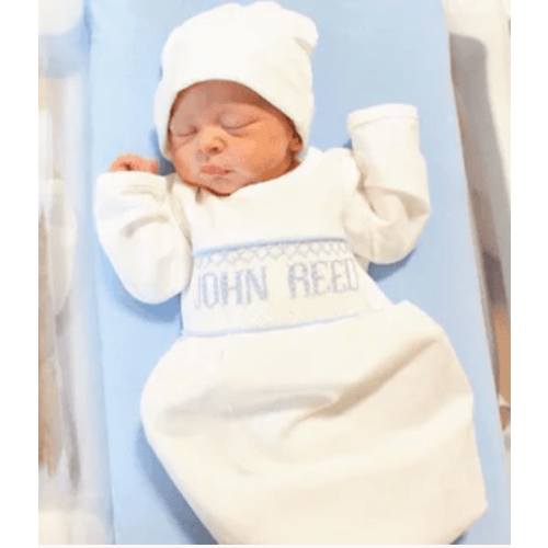Blue Baby Snuggles - Custom Smocked Pima Gown and Hat