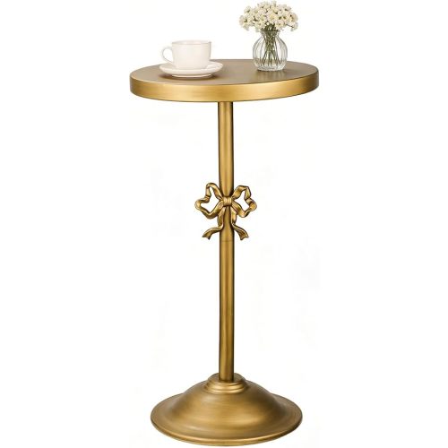 Metal Martini Cocktail Table, 11.8'' Antique Gold Round Pedestal Iron Side Tables with Bow Decor, Vintage Bronze Small Drink Table for Small Spaces Living Room Bedroom