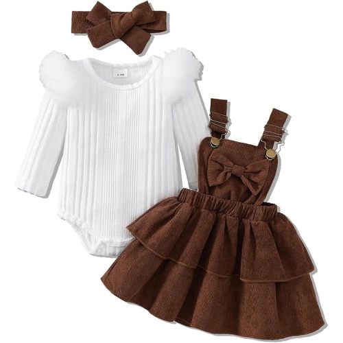 Baby Girl Spring Skirt Set Newborn Overall Dress Long Sleeve Ribbed Romper Suspender Skirts 3Pcs Outfits