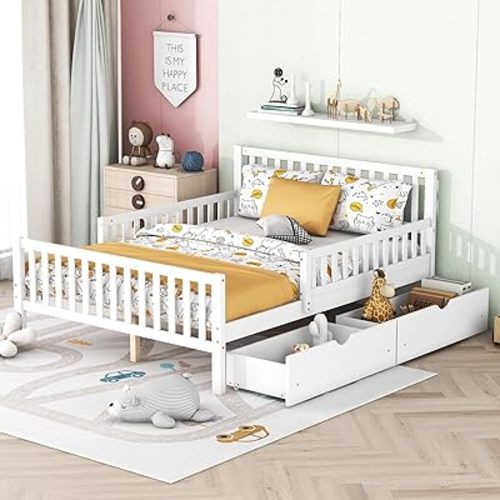 Merax Full Bed Frame with Storage Drawers and Safety Guardrails on Both Sides, Wood Platform Bed & Headboard and Footboard for Kids, Boys, Gilrls, Solid Slats Support, No Box Spring Needed, White
