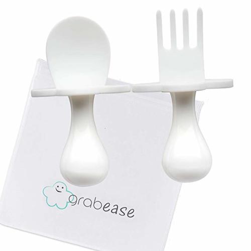 GRABEASE First Self Feed Baby Utensils - Anti-Choke, BPA-Free Baby Spoon and Fork Toddler Utensils with Pouch Set - Toddler Silverware for Baby Led Weaning Ages 6 Months+, White - white