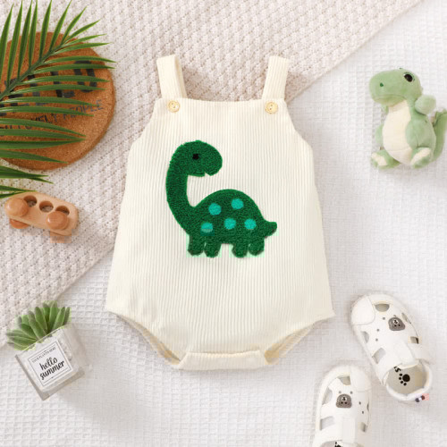 Baby Embroidered Dinosaur Corduroy White Overalls 0-3m