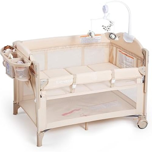 Baby Bassinets Bedside Sleeper, 4 in 1 Portable Bedside Crib w/Mattress, Diaper Changer, Storage Basket, Music Box, Carry Bag, Foldable Playard Sleeper for Newborn (Beige)