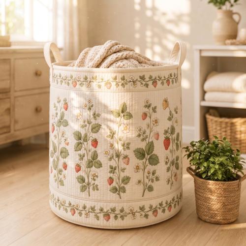 Quilted Laundry Basket, Strawberry Nursery Laundry Hamper, Custom Fabric Toy Storage Bin, Vintage Fruit Cottagecore Room Decor, Room Decor