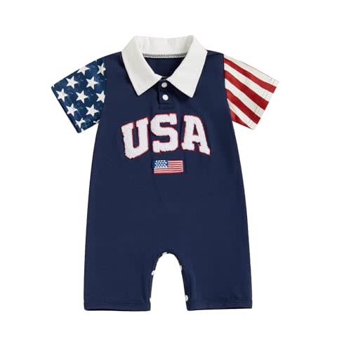 FOCUSNORM 4th of July Baby Boy Clothes Short Sleeve Romper Lapel Jumpsuit Newborn Summer My First 4th of July Baby Boy Outfit