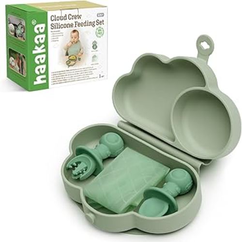 haakaa Cloud Crew Silicone Travel Baby Feeding Set with Foldable Suction Baby Plates, Silicone Bibs, Baby Spoons and Forks, Waterproof Travel Bag, Baby Eating Essentials,6M+