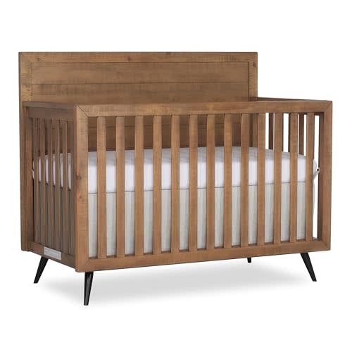 Evolur Stilnovo Mid-Century 4-in-1 Convertible Crib in Sugarcane – Greenguard Gold Certified, Solid Wood Construction, 3 Mattress Heights – Converts to Toddler, Daybed & Full-Size Bed