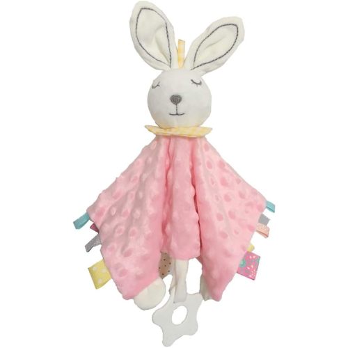 Upalupa Pink Bunny Security Blanket for Baby Girls Lovey Tag Blanket with Silicone Teether Toy for Newborn Great Shower Gift