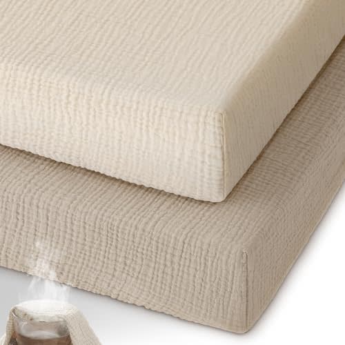 Unnivoll Muslin Pack and Play Sheets Fitted, 100% Cotton Mini Crib Sheets 2 Pack for Pack N Play Mattress, Stretchy Playard Sheet, Soft and Breathable Beige & Khaki
