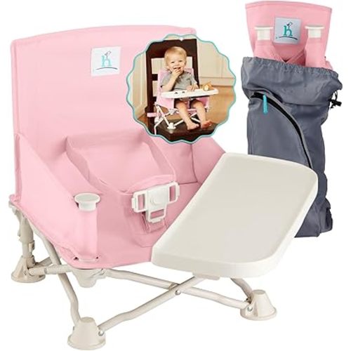 Hiccapop OmniBoost Travel Booster Seat with Tray for Baby | Folding Portable Baby Booster Seat for Dining Table, Camping, Beach, Grandma’s | Tip-Free Design Straps to Kitchen Chairs - Booster Chair