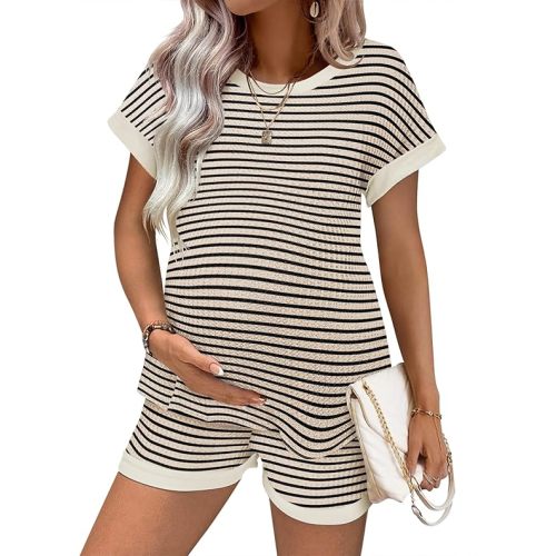 Ekouaer Maternity Pajamas 2 Piece Outfits Waffle Knit Short Sleeve Tops and Shorts Loungewear Set Pregnancy Clothes