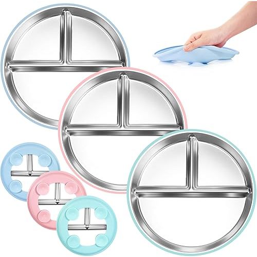 Stainless Steel Toddler Plates Silicone Suction,3 Packs Non-Slip Baby Plates,Divided Portion,Food-Grade Silicone Plate for Kids,LEAD-FREE Dishwasher Safe, Green Blue Pink