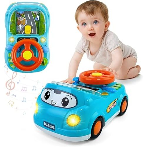 Toddler Learning Toys for 1 2 3 Year Old Boy Gifts, Baby Musical Car Adventure Toy with Steering Wheel, Sound & Light, Simulated Steering Wheel Toy Racing Driving Car for Toddler 1-3 (Blue)