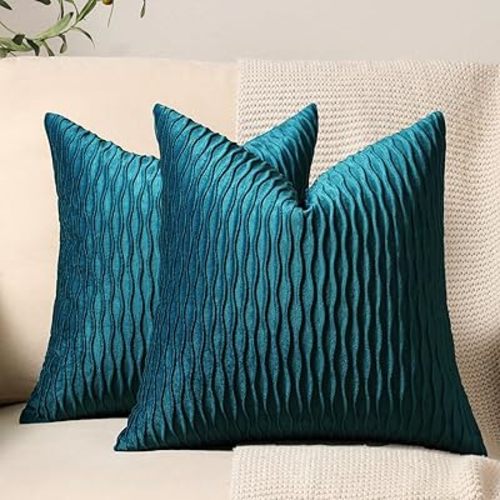 16x16 Teal Throw Pillow Cases: 2 Pack Original Striped Velvet Square Decorative Pillow Covers for Farmhouse Couch