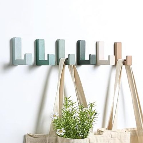 Teenyyou 6 Pack Cute Kids Coat Wall Hooks Wooden Adhesive Decorative Colorful Wall Mounted Hangers Backpack Hooks for Hanging Keys Towel Clothes Bathroom Organization(Green)