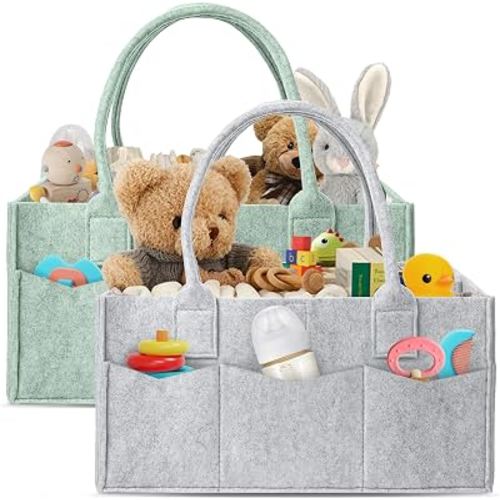 HIPHOP PANDA 2-Pack Diaper Caddy Organizer - Nursery Storage Bin & Car Organizer for Diapers, Wipes, and Baby Essentials - Dual-Color Solid Set (Grey/Green), Large Size