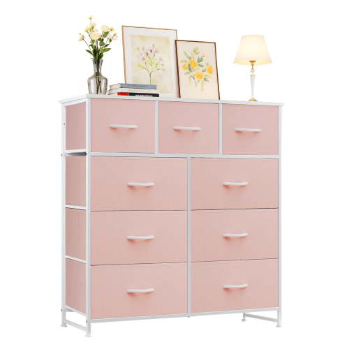 Casabay 9 Drawer Dresser Wide Chest of Drawers Storage Tower with Fabric Drawers and Wood Top for Bedroom Living Room Hallway, Pink
