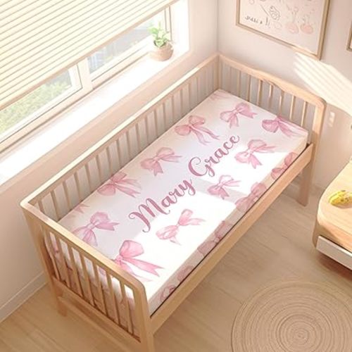 Personalized Baby Fitted Crib Sheets with Name, Custom Name Baby Crib Mattress Sheet for Girls, Bow Pink, Polyester, 52x28x8 Inch