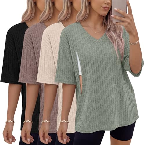 Ficerd 4 Pack Women's Oversize Nursing Shirts | Short Sleeve, for Breastfeeding, Hidden Zipper, Ribbed, V Neck, Maternity Tops, Stretchy, Comfortable, Lounge, Relaxed Fit