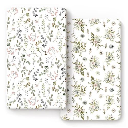 GRSSDER Stretchy Ultra Soft Jersey Knit Fitted Crib Sheets Set 2 Pack, Cozy Crib Sheet Fits All Standard Crib Mattress Pads, Stylish Watercolor Rose and Flora