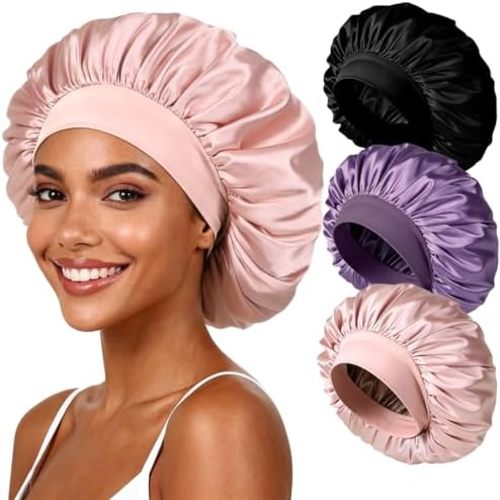 Yanideer 3 Pcs Satin Bonnet for Sleeping Double Layer Hair Bonnets for Women with Elastic Band
