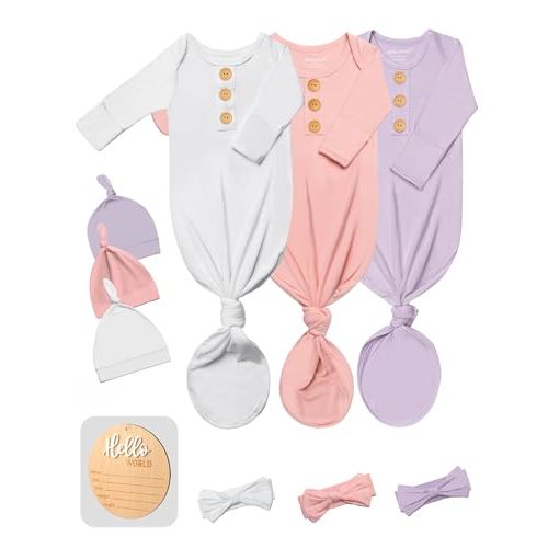 3 PK Baby Knotted Gowns Set with Mittens, Hats, Headbands & Wooden Name Tag for Breathable Newborns Going Home Outfit