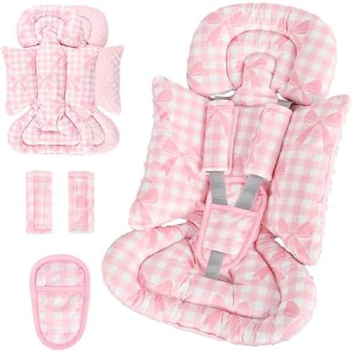 DILIMI Infant Car Seat Insert, Baby Car Seat Head Support with 3 Strap Paddings, Soft Newborn Car Seat Cushion for Stroller, Swing, Bouncers, Pink Bow Plaid