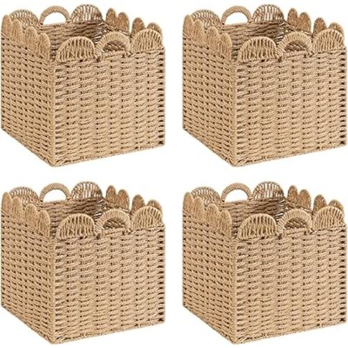 Set of 4 Scalloped Wicker Storage Cubes Basket,12"x12"x12" Heavy Duty Paper rope Baskets for Shelves,Bathroom, Bedroom, Laundry, Pantry (Khaki&12 x 12 x 12in&4-Pack)